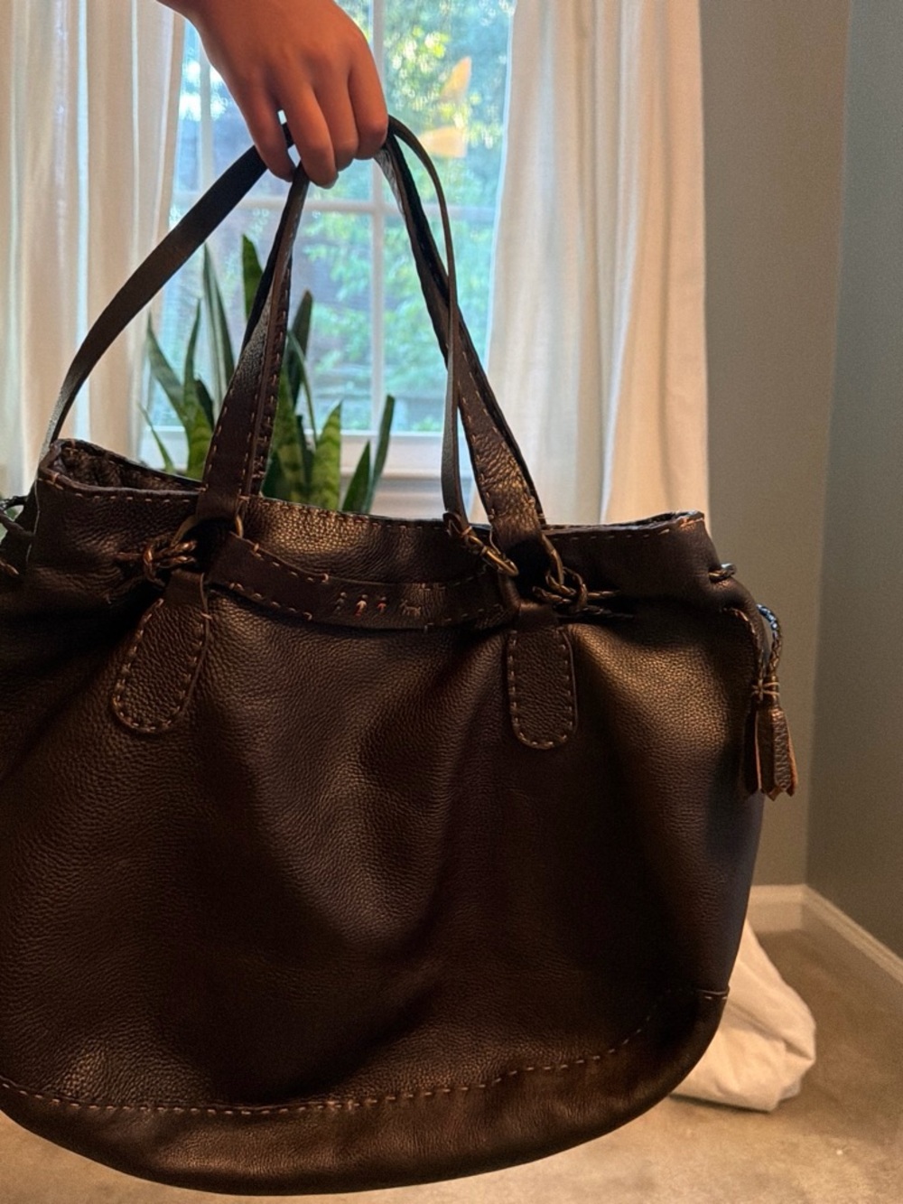 Structured Black Pebbled Leather Shoulder Bag with Tassel Accent